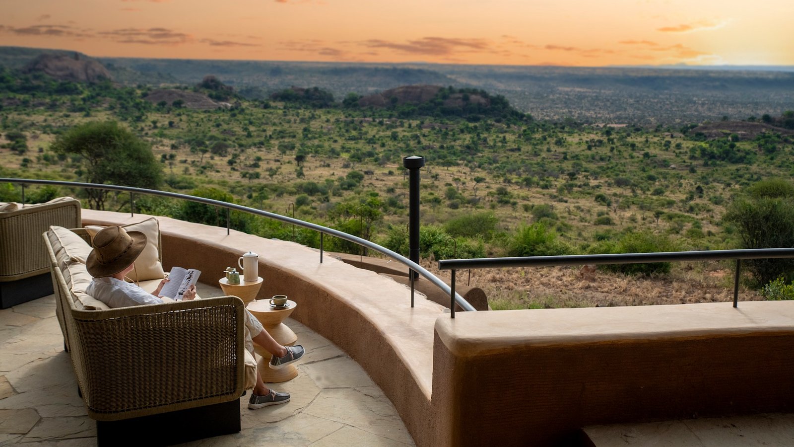 Lodge terrace with panoramic view over Laikipia conservancy plains